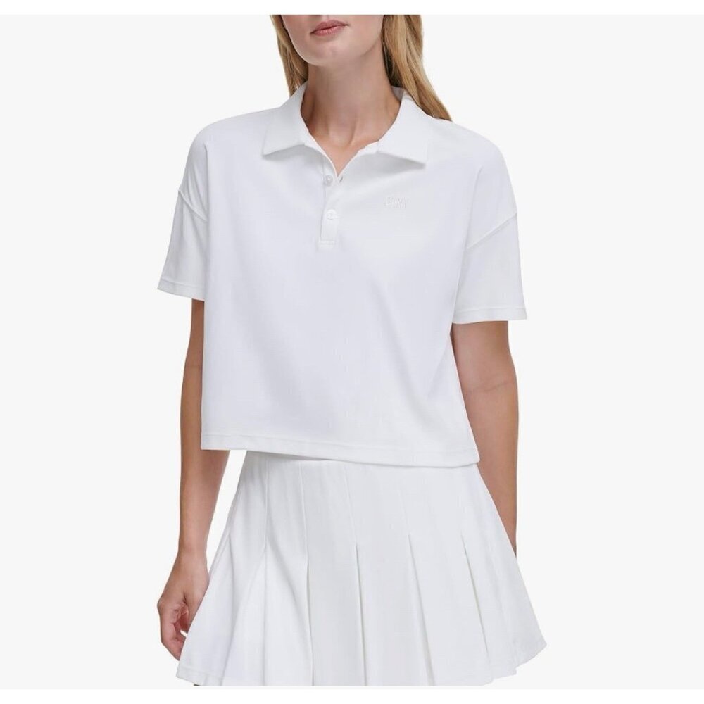 DKNY Women's Tech Pique Cropped Polo in White  XL New